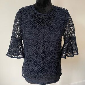 Prose & Poetry Navy Blue Geometric Lace Overlay Flutter Sleeve Blouse EUC Size M